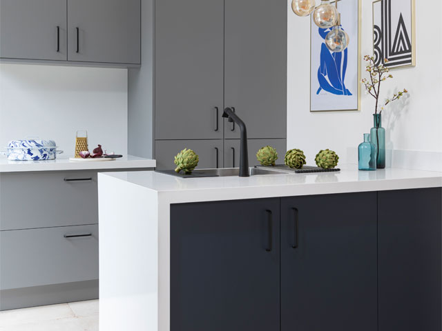 White quartz and recycled glass overlay, Granite & Trend Transformations.