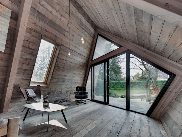 The Climbers Cabin glass doors in asymmetrical shape.