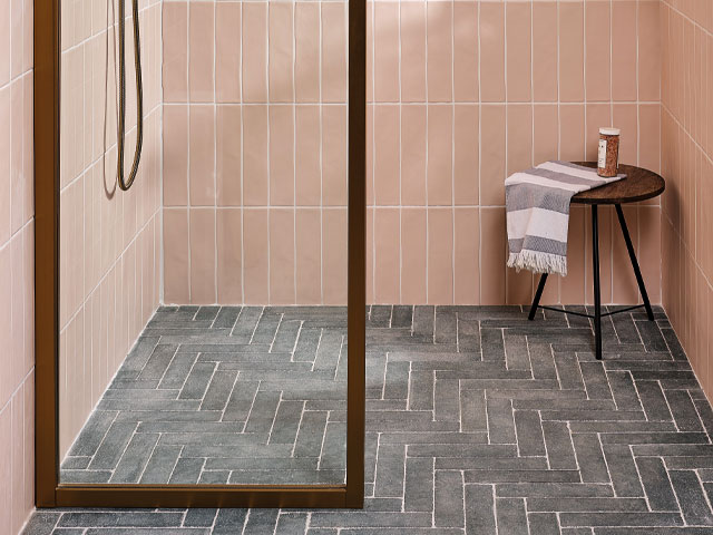 Bathroom floor ideas rectangular black tiles shower with pink rectangle walls