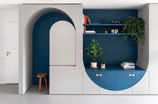 Animation of a fold out desk in a compact home office