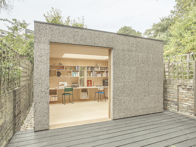 Garden office clad in textured cork sheets by Surman Weston