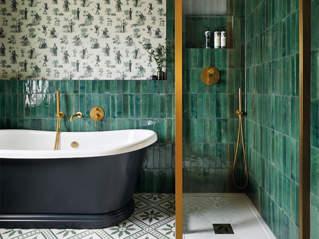 long green tiled bathroom walk in shower blue boat bath gold fixtures